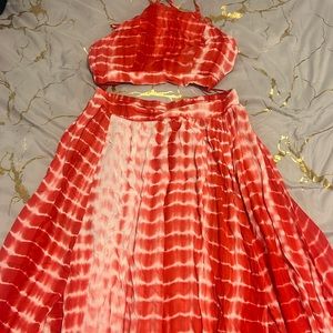 Red-ish pink and white skirt set